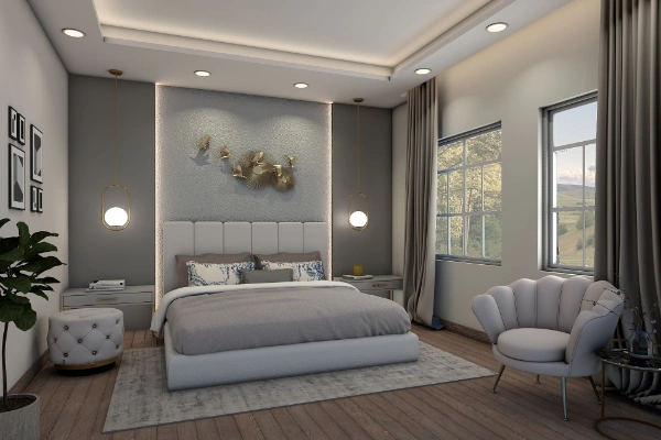 The Floor to ceiling sliding wardrobe in earthy toned bedroom