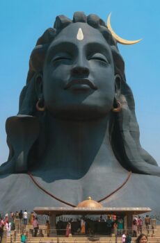 Majestic Adiyogi Shiva statue with visitors at Coimbatore, India.